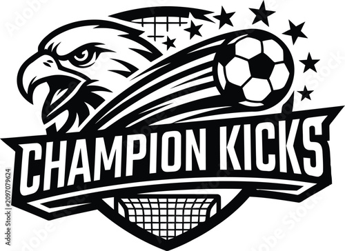 Billede på lærred A proficient vector logo arrangement featuring an eagle head, a flying soccer ball, and the bold champion kicks text emblem for sports clubs