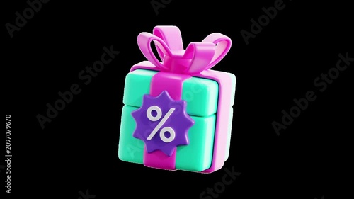 3D gift box animation with transparent alpha channel, featuring a wrapped present icon for ecommerce promotions, online shopping campaigns, giveaways, and retail marketing. 