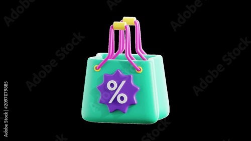 3D shopping bag animation with transparent alpha channel, featuring a retail shopping icon for ecommerce videos, online stores, and digital commerce content. 