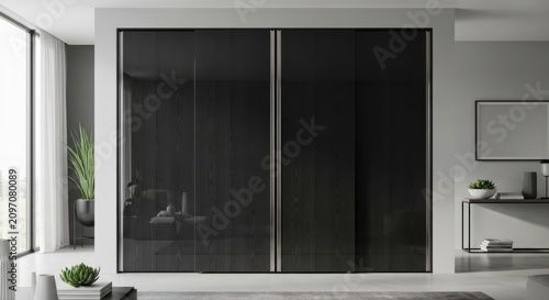Modern interior design with large black closet doors and minimalist decor in a bright room