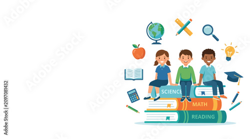 Education icons, school kids, learning symbols, colorful illustrations, teaching tools isolated on Transparent Background Back to school, Editable EPS