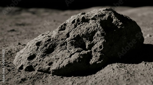 Close up of lunar rock on gray regolith with detailed craters and shadows
