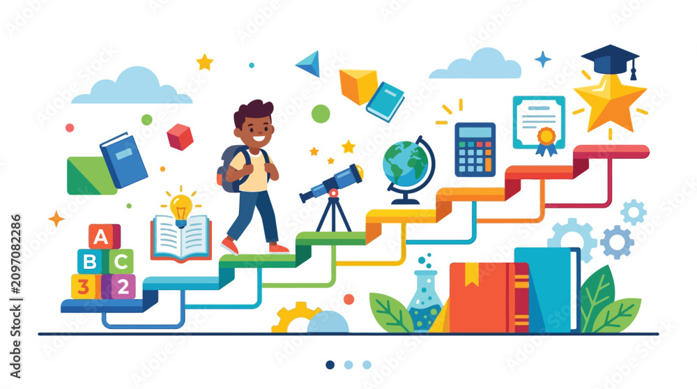 Naklejka premium Colorful education icons, learning pathway illustration, academic success concept, student journey vector isolated on Transparent Background Back to school, Editable EPS