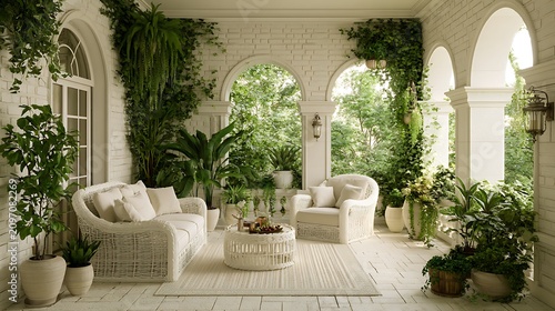 A serene patio with white wicker furniture and lush indoor plants. Ideal for interior design inspiration and relaxation.