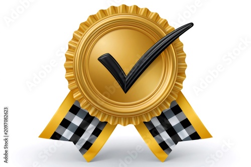 Gold medal with check mark representing quality success