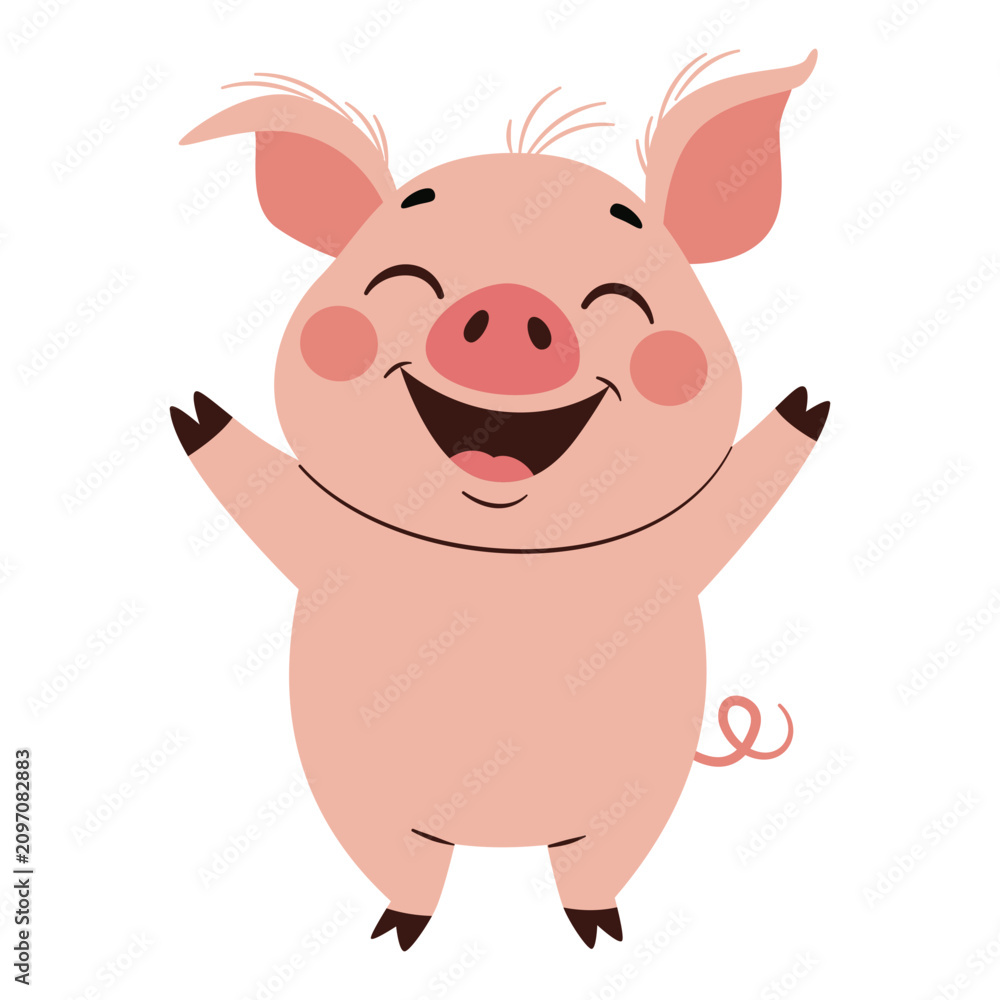 Fototapeta premium A cute, kind, happy piglet. A flat vector illustration in a simple, childlike style. Vector illustration