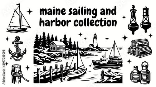 Schilderij op canvas maine sailing landmarks featuring classic sailboats marinas yacht harbors naviga