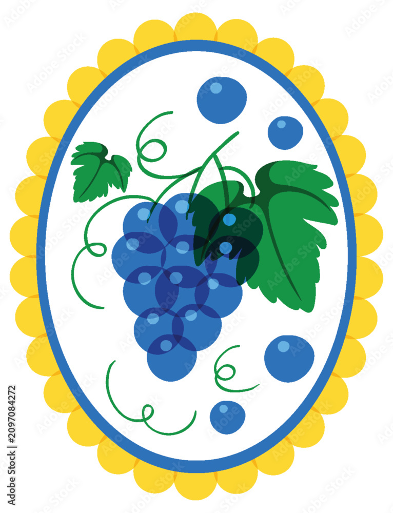 Obraz premium Risograph Style Vector Illustration of Blue Grapes in Scalloped Oval Frame