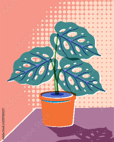 Retro Risograph Vector Illustration of a Potted Monstera Houseplant