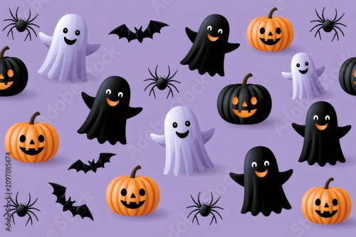 Halloween character pattern with cute ghosts and pumpkins