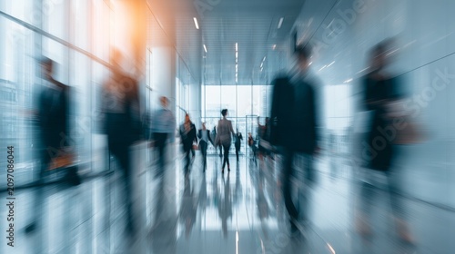 Bright modern business workplace with people walking in blurred motion inside contemporary office space