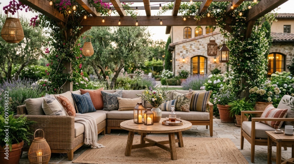 Obraz premium A cozy outdoor patio with a pergola, potted plants, and a wooden table with candles.