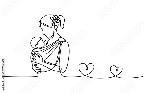 Foto Continuous line drawing of a mother carrying her baby in a fabric sling with hea