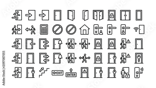 Bilde på lerret Collection of various door and exit icons in black and white