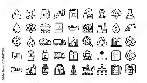 Photos Collection of various oil and gas industry related icons and symbols in black li