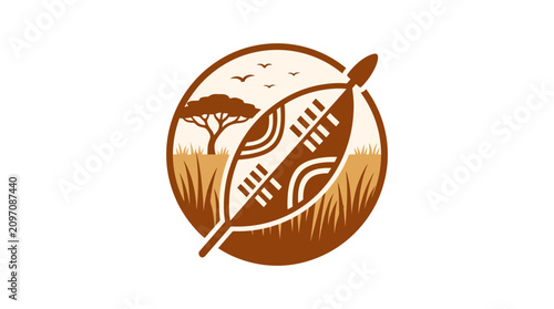 Circular Maasai shield and spear logo with savanna landscape.