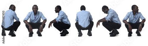 Foto line of various poses of the same man squatting on white background