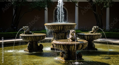 Ornate Stone Fountain with Water Cascading in a Courtyard Garden