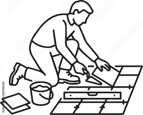 Worker Installing Floor Tiles Renovation