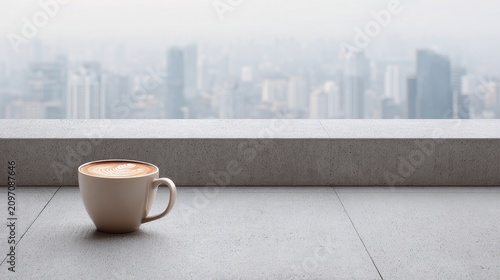 A coffee cup on a luxury hotel balcony overlooking a skyscraper city, right side. Clean, plain grey concrete balcony floor negative space on the left. High-end ad style, modern architecture. 