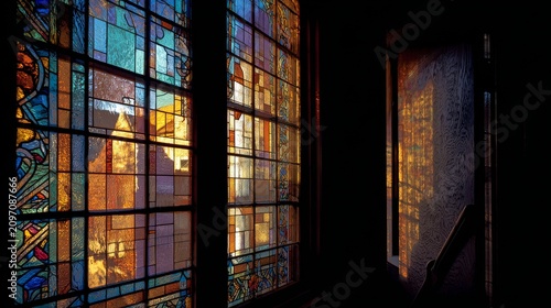 A complex scene viewed through a Stained Glass window, the window is on the right. Dark, intricate metal frame negative space on the left. Vibrant colors, sharp divisions. 