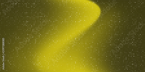 Abstract tech background featuring a glowing yellow-gold gradient wave overlayed with a digital halftone matrix grid of tiny white cross pixels. Ideal for futuristic corporate layouts.