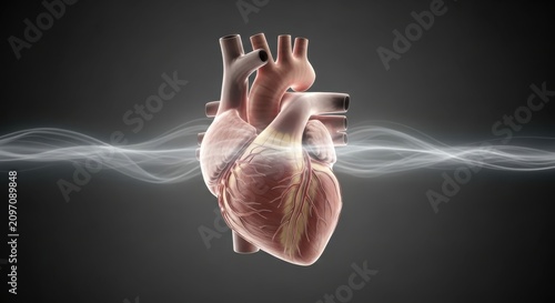 A medical illustration of a human heart with glowing lines on a dark background