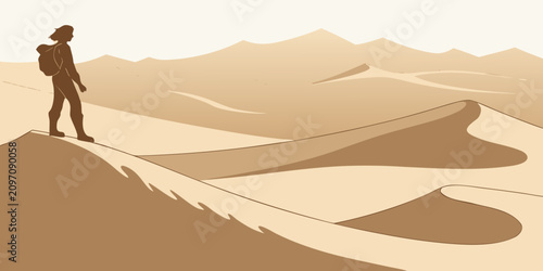 Schilderij op canvas Silhouette of a lone adventurer hiking across vast desert dunes at sunset