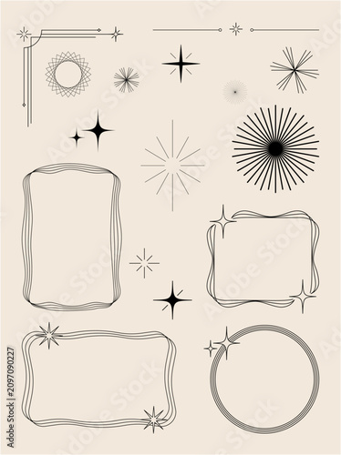 Set of minimalist line art frames and sparkling star elements on beige background