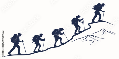 Fotografía Group of hikers ascending a steep mountain trail silhouette set hiking