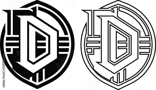 Foto Stylized letter d inside a circular frame with geometric detailing in black and