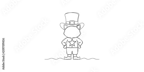 Obraz na plátně Single continuous line drawing of a cute cat wearing a leprechaun hat and a shir
