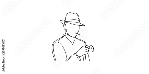 Fotografie Continuous single line drawing of a mysterious man wearing a fedora hat holding