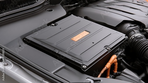 A high voltage battery pack installed under the hood of an electric car. EV technology for automotive industry.