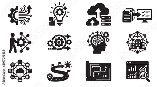 Business icons, workflow optimization, productivity symbols, 12 black vector graphics