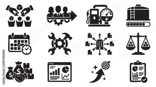 Business icons, workflow management, productivity symbols, 12 black vector graphics