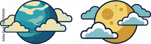 Planet and Moon with Clouds Flat Vector Icon Set