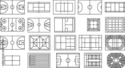 Schilderij op canvas Sports arena floor tiling patterns minimal vector icons representing abstract co