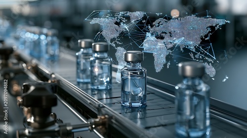 Global healthcare logistics concept, sterile injectable drug bottles traveling on conveyor, holographic international shipping network