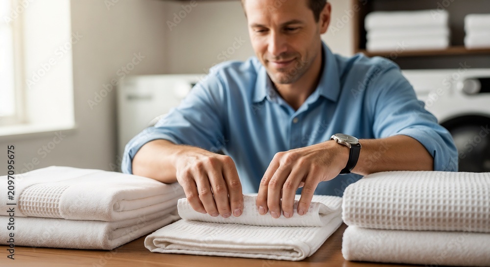 Obraz premium Man folding towels in laundry room while organizing clean linens on wooden table. Freshly laundered towels are neatly arranged, including white plush towels and textured shower mats.