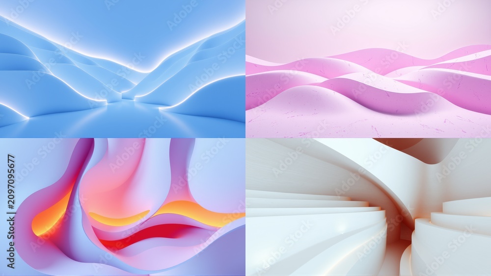 Fototapeta premium Abstract fluid shapes, soft colors, smooth surfaces. Four panels display gentle curves, light shadows, modern design.