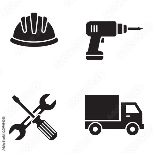 Industrial construction icons set, black silhouette work tools and delivery truck vector, professional repair and maintenance equipment symbols
