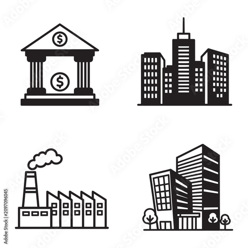 Minimalist building icon set, black and white architecture symbols for bank, factory and office, professional business infrastructure vector