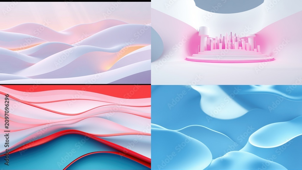 Fototapeta premium Abstract fluid shapes, soft colors, modern design. Four panels showcase flowing forms, light, shadow, gradients. Minimalist aesthetic.