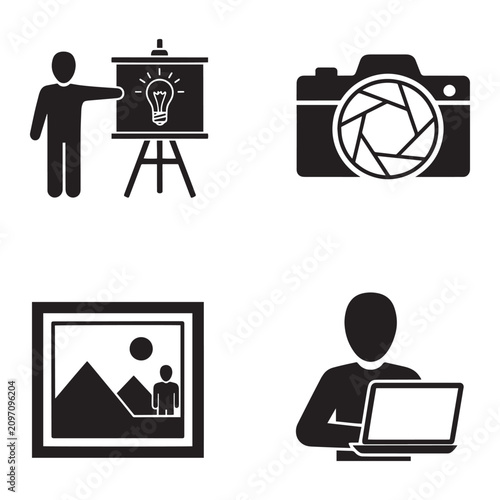 Photography and creative workshop icons, black solid vector set of 4 elements, camera and digital editing symbols for education