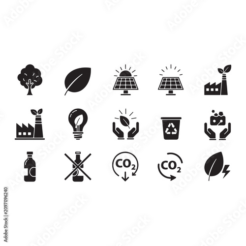 Eco friendly icon set with 15 black vector symbols, sustainable energy and green environment icons, carbon footprint and recycling collection