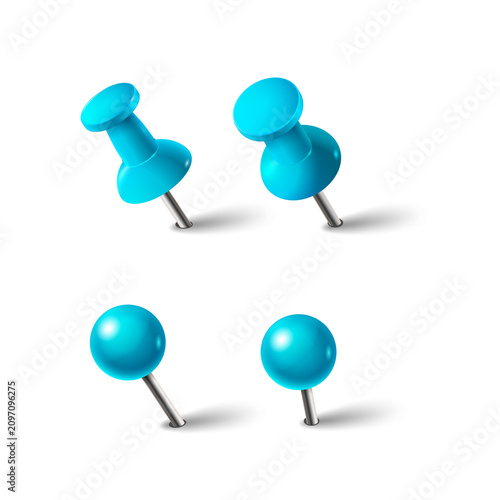 Quadro su tela Four bright cyan push pins and round map tacks with sharp metal points and dark cast shadows for office
