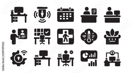 Black office icons, business symbols, workflow graphics, productivity signs, 20 flat design elements