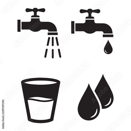 Water Tap and Glass Icon Set Black Silhouette for Plumbing and Logo Design