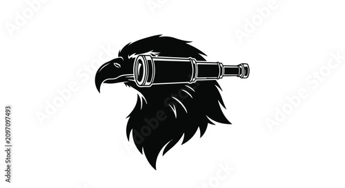 Eagle head looks through a vintage telescope to symbolize vision and strategic planning.